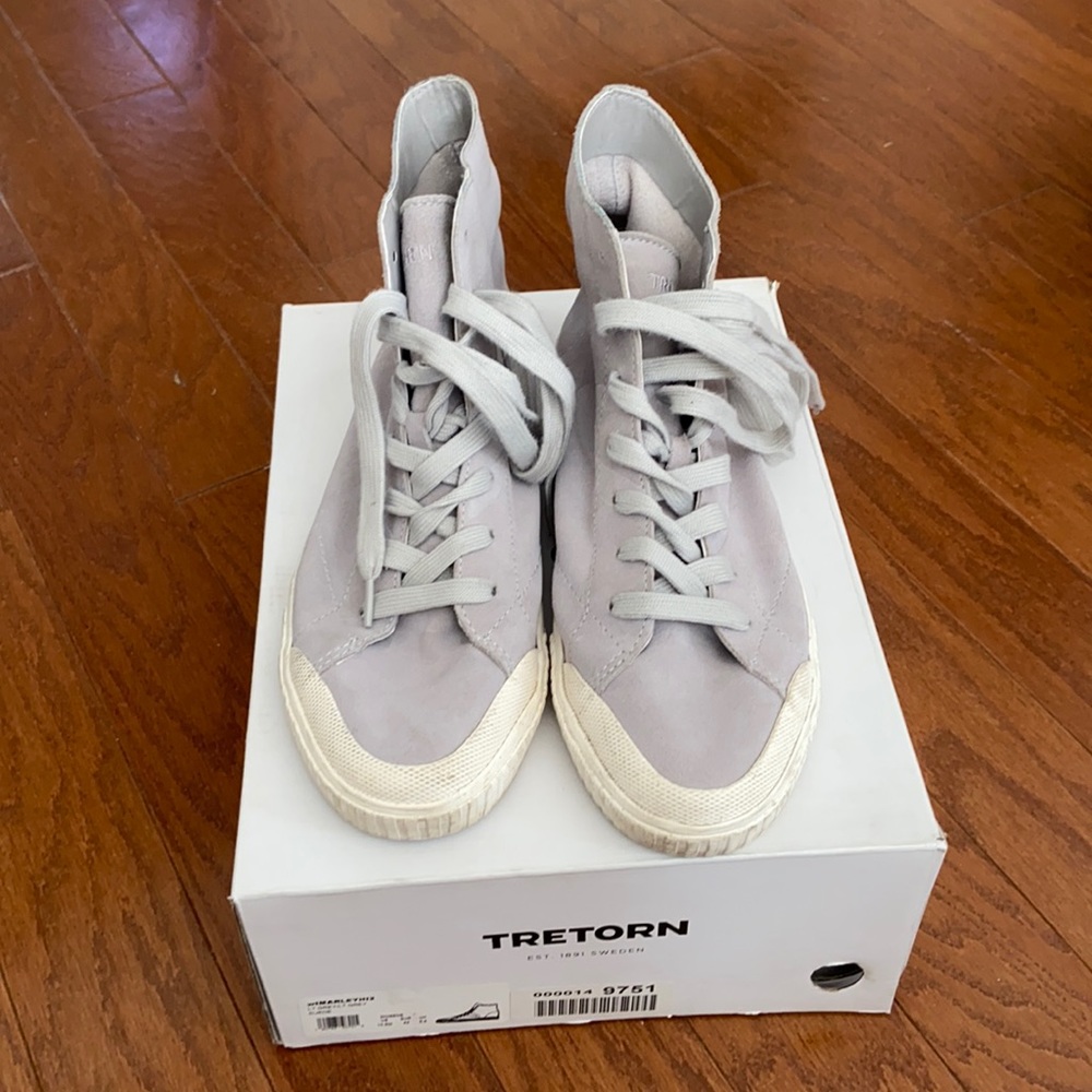 Gray suede high-top Tretorn sneakers